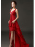 Red Pleated Chiffon High Low Sexy Evening Dress